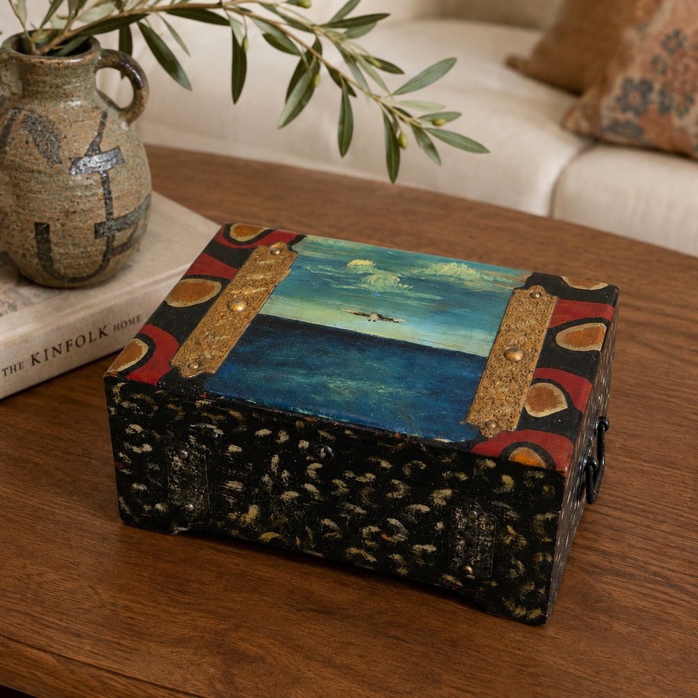 Vintage Hand Painted Wooden Trinket Box Seascape Ocean Scene Brass Accents Black